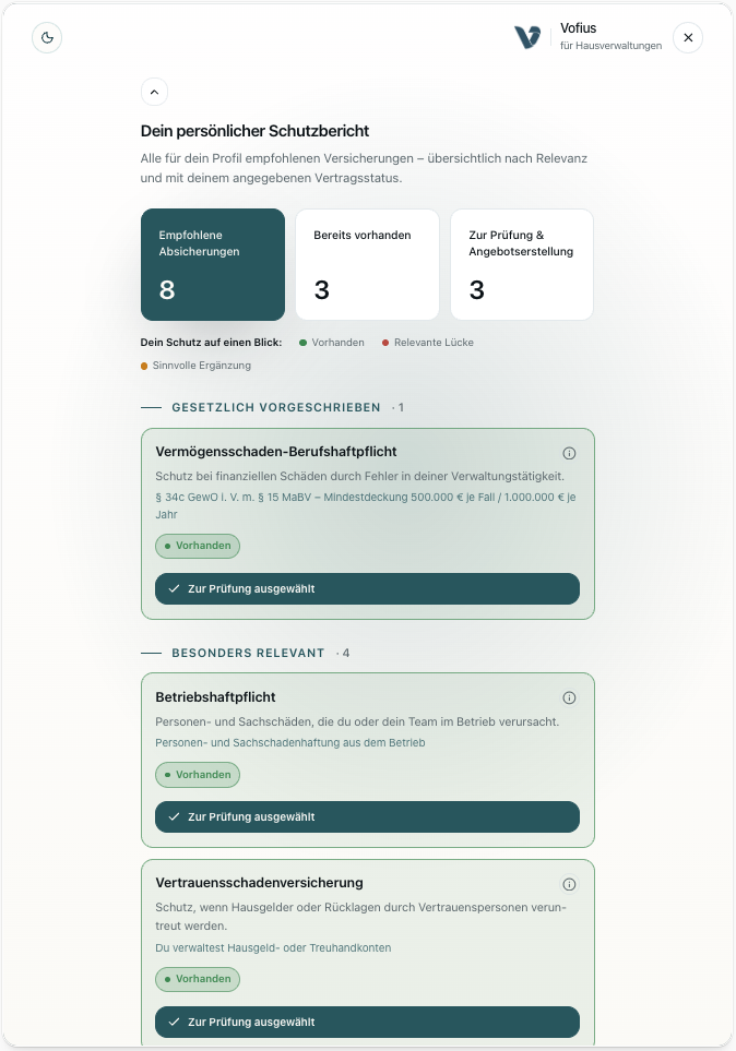 Vorschau des Hausverwalter-Checks – Dein persönlicher Schutzbericht mit empfohlenen Absicherungen